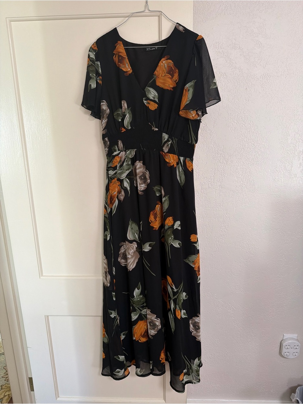 Simplee Black Maxi Dress with Orange & Cream Floral Print size medium